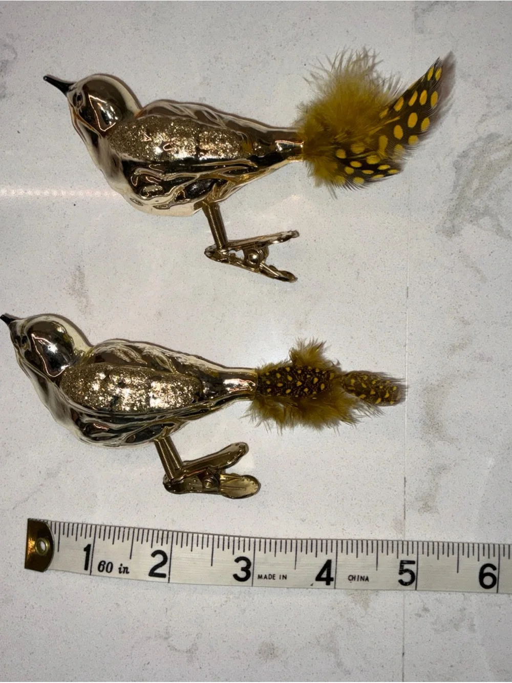 Gold color bird glass clip on Christmas ornament lot of 2 polka dot feathers